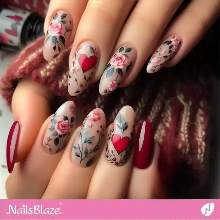 Classy Hearts and Roses Almond Nails | Valentine Nails - NB2433